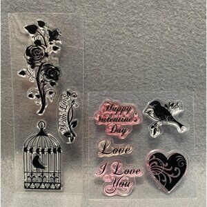 Valentines Day Clear Stamps Set - Birdcage Roses Love Heart - Crafting & Scrapbo